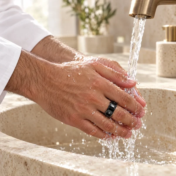 Main portant la bague de dhikr sous l'eau du robinet pendant les ablutions