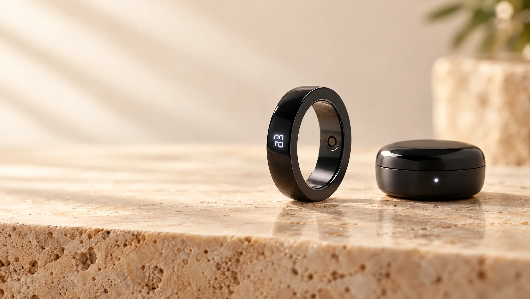 Bague de dhikr connectée noire vue de profil, avec son boîtier de recharge