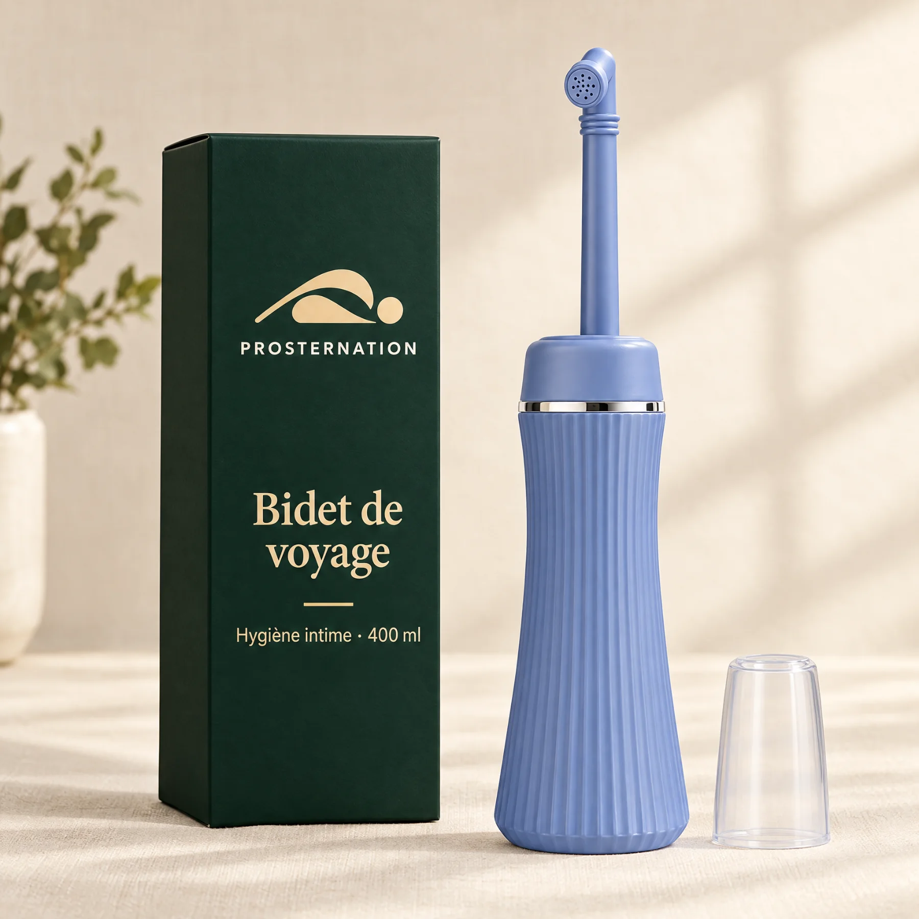 Bidet de voyage bleu et sa boîte Prosternation