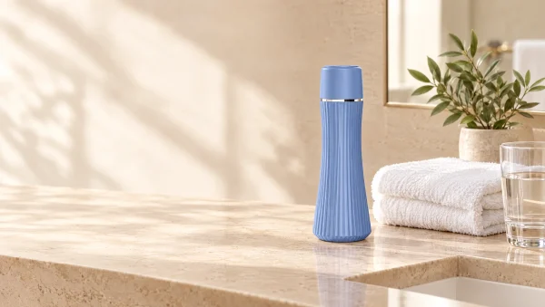 bidet-voyage-salle-de-bain Bidet de voyage bleu posé sur le plan de toilette d'une salle de bain d'hôtel