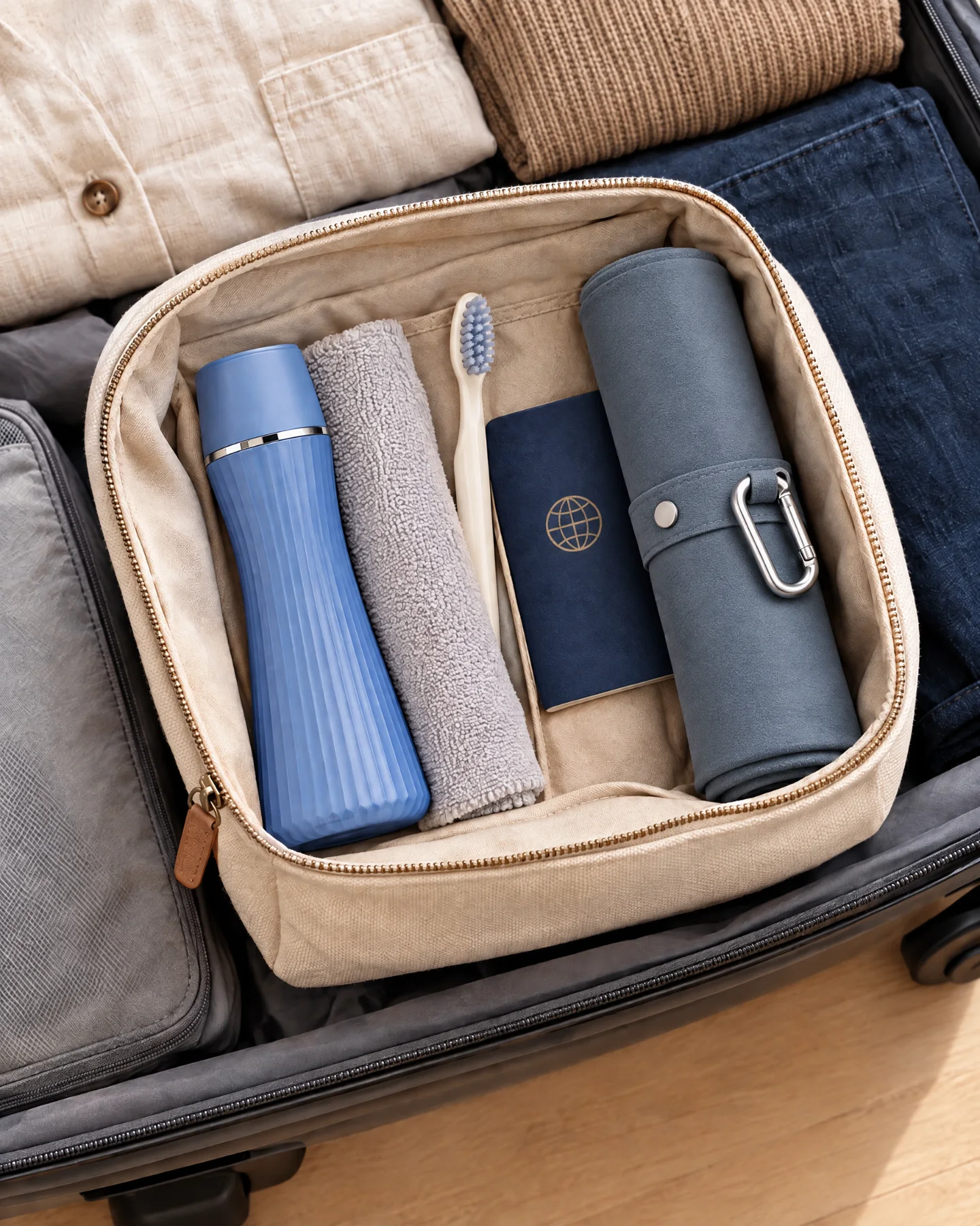 Bidet de voyage bleu rangé dans une trousse de toilette, dans une valise