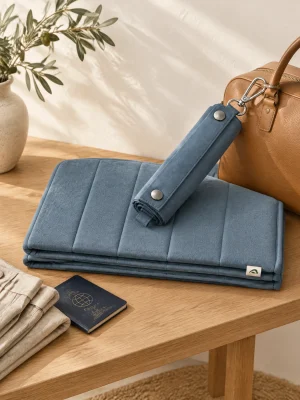 Pack Maison + Voyage : tapis uni plié et tapis de poche roulé accroché à un sac de voyage