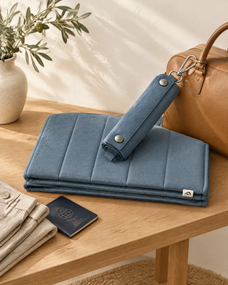 Pack Maison + Voyage : tapis uni plié et tapis de poche roulé accroché à un sac de voyage