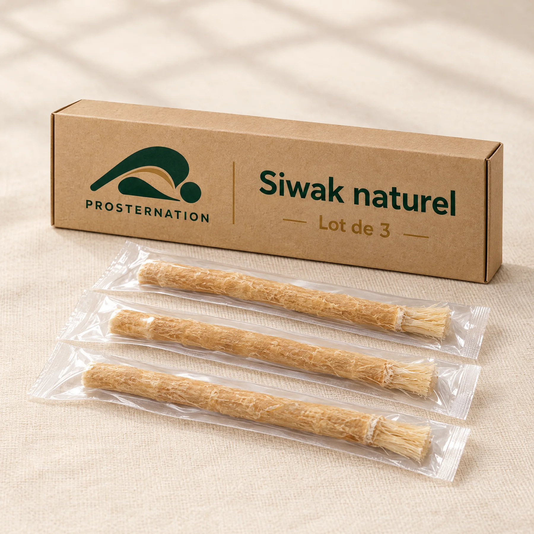 Lot de 3 siwak ensachés devant leur boîte en carton Prosternation