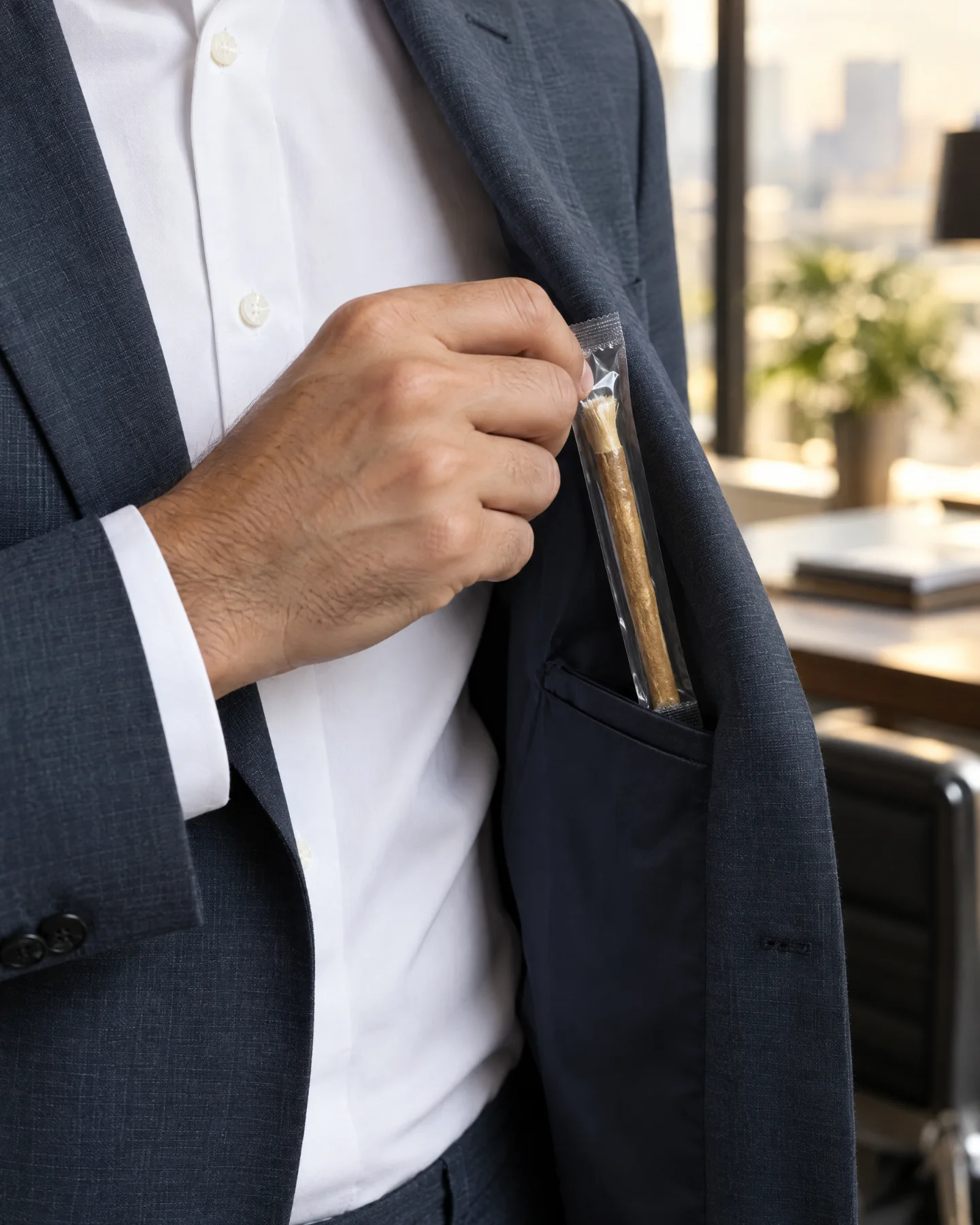 Main glissant un siwak ensaché dans la poche d'une veste de costume