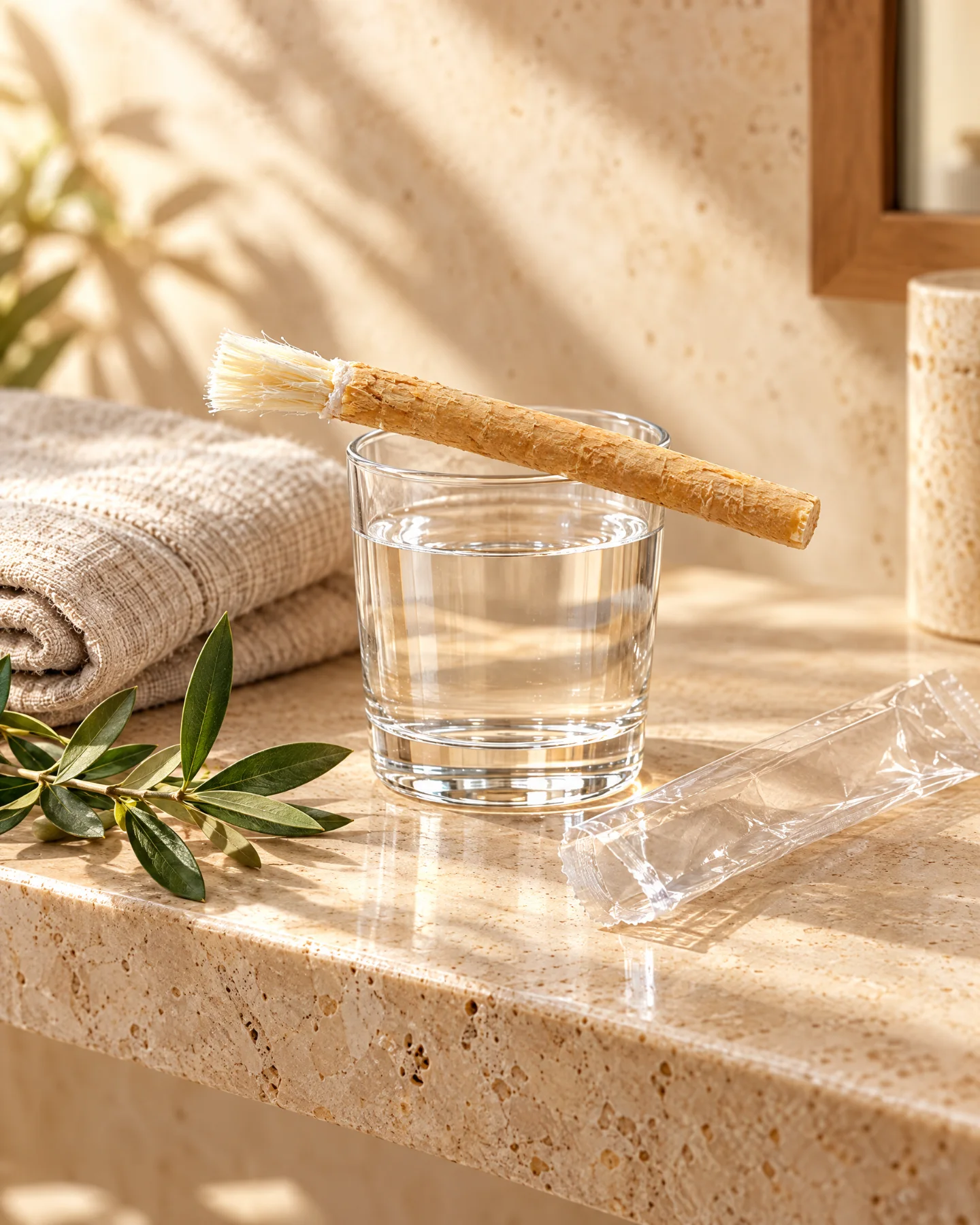 Bâton de siwak naturel posé dans un verre sur une étagère en travertin