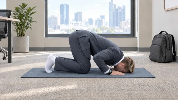 Homme en costume en prosternation sur le tapis de poche au bureau