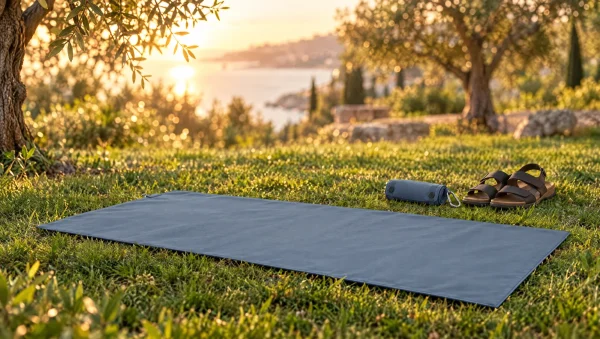 Tapis de prière de poche déplié sur l'herbe dans un parc