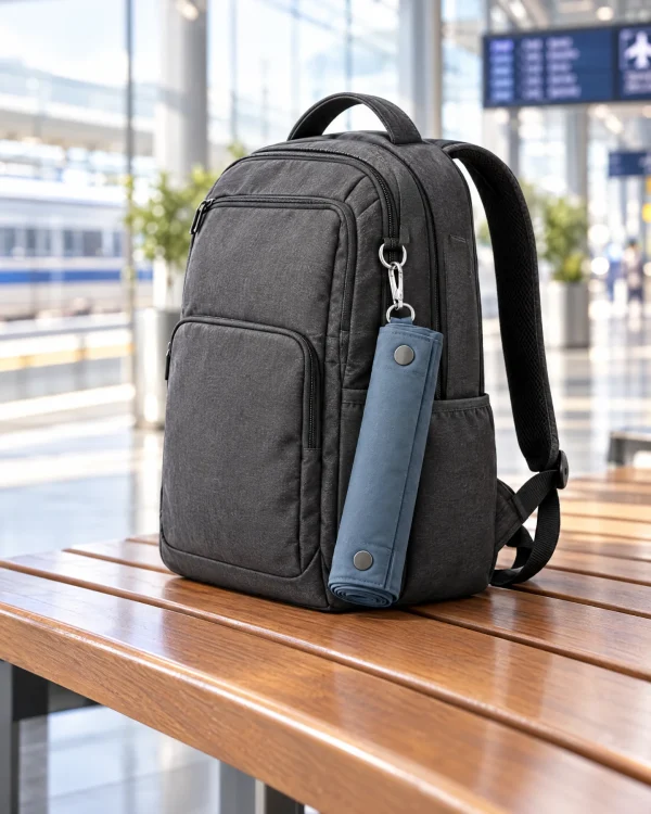 Tapis de prière de poche accroché à un sac à dos grâce à son mousqueton