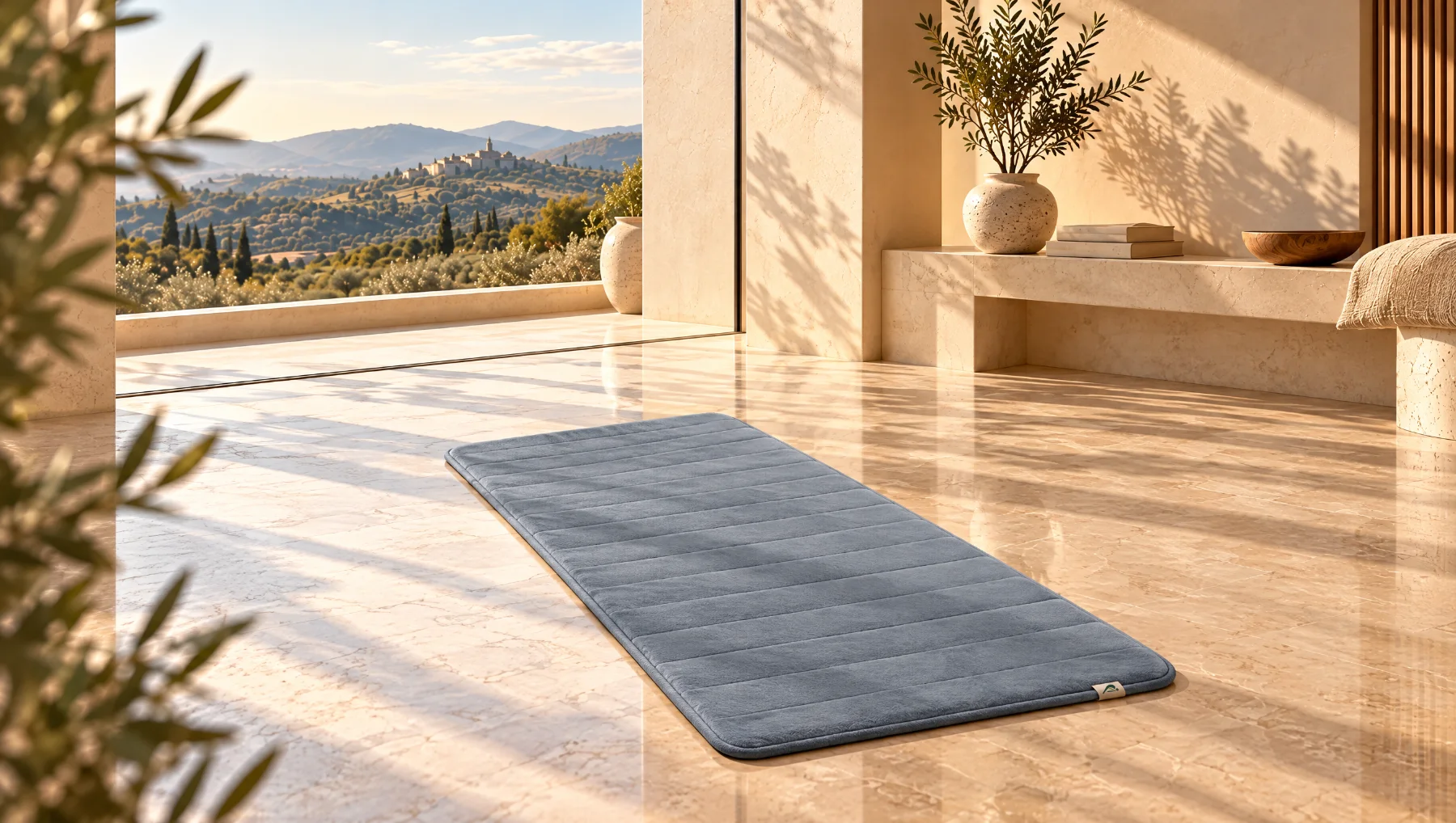 Tapis de prière uni bleu grisé dans un intérieur
