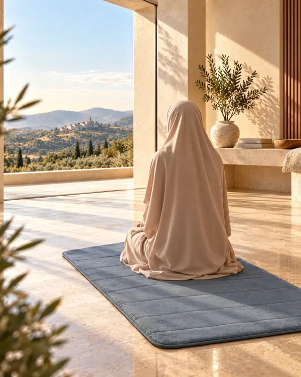 Femme en prière assise sur un tapis uni bleu grisé